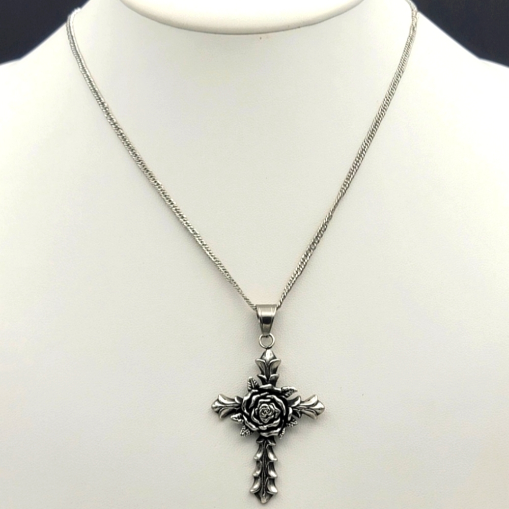 Stainless Steel Rose Cross Pendant Necklace - Picture 2 of 2